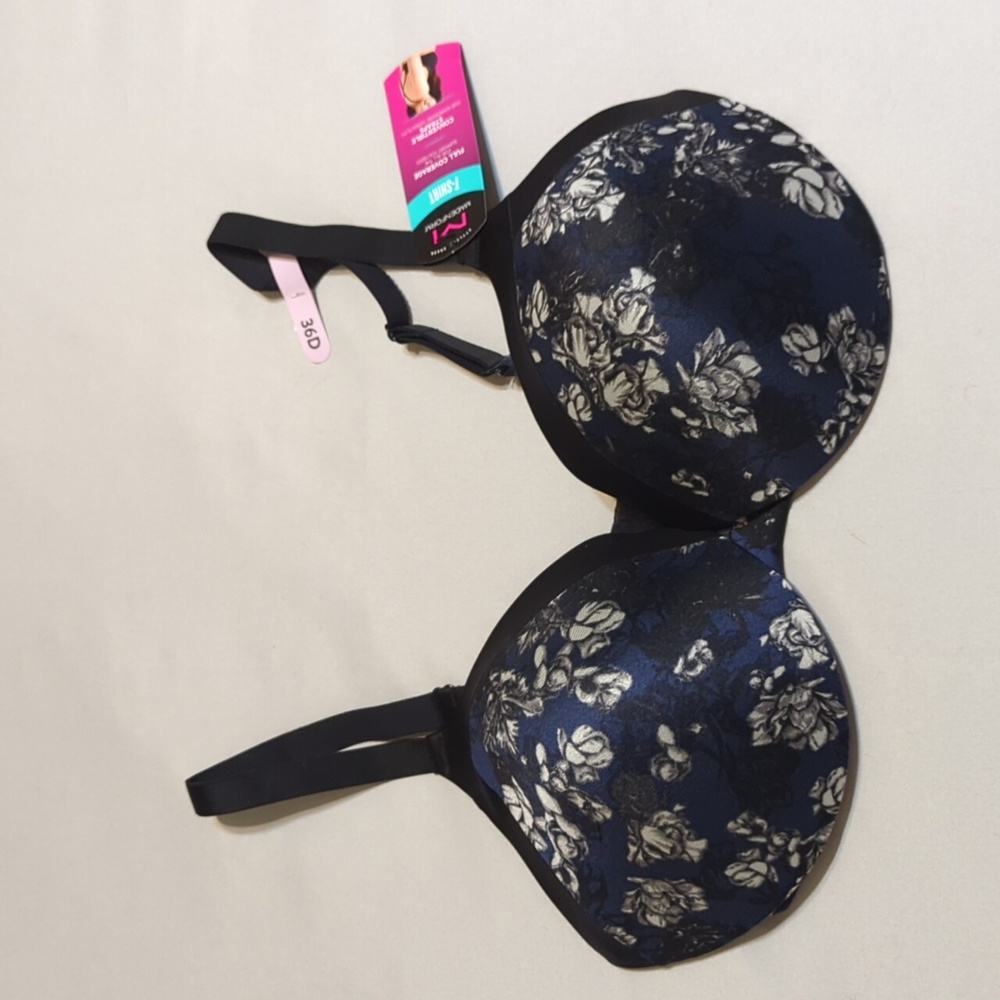 Maidenform Full Coverage T-shirt Bra Black and Blue Floral 36D New with tags